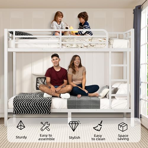 Twin XL Over Twin XL Black Metal Bunk Bed Frame with Ladder & Guardrail D5498