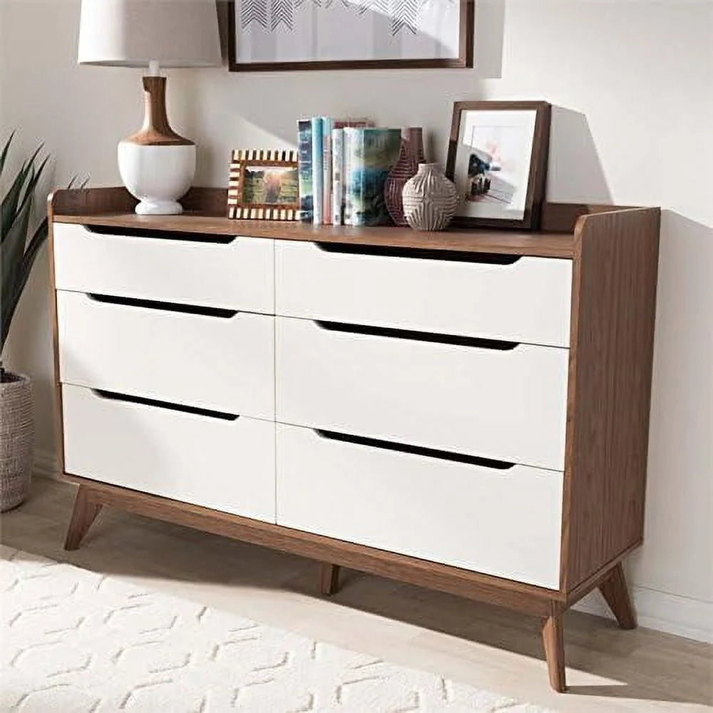White and Walnut 6 Drawer Wood Dresser P948174