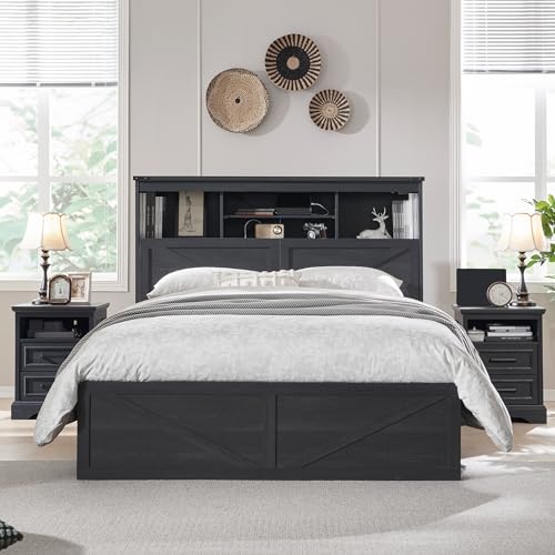 King Size Wood Bed Frame with Storage Headboard and 4 Drawers W657085