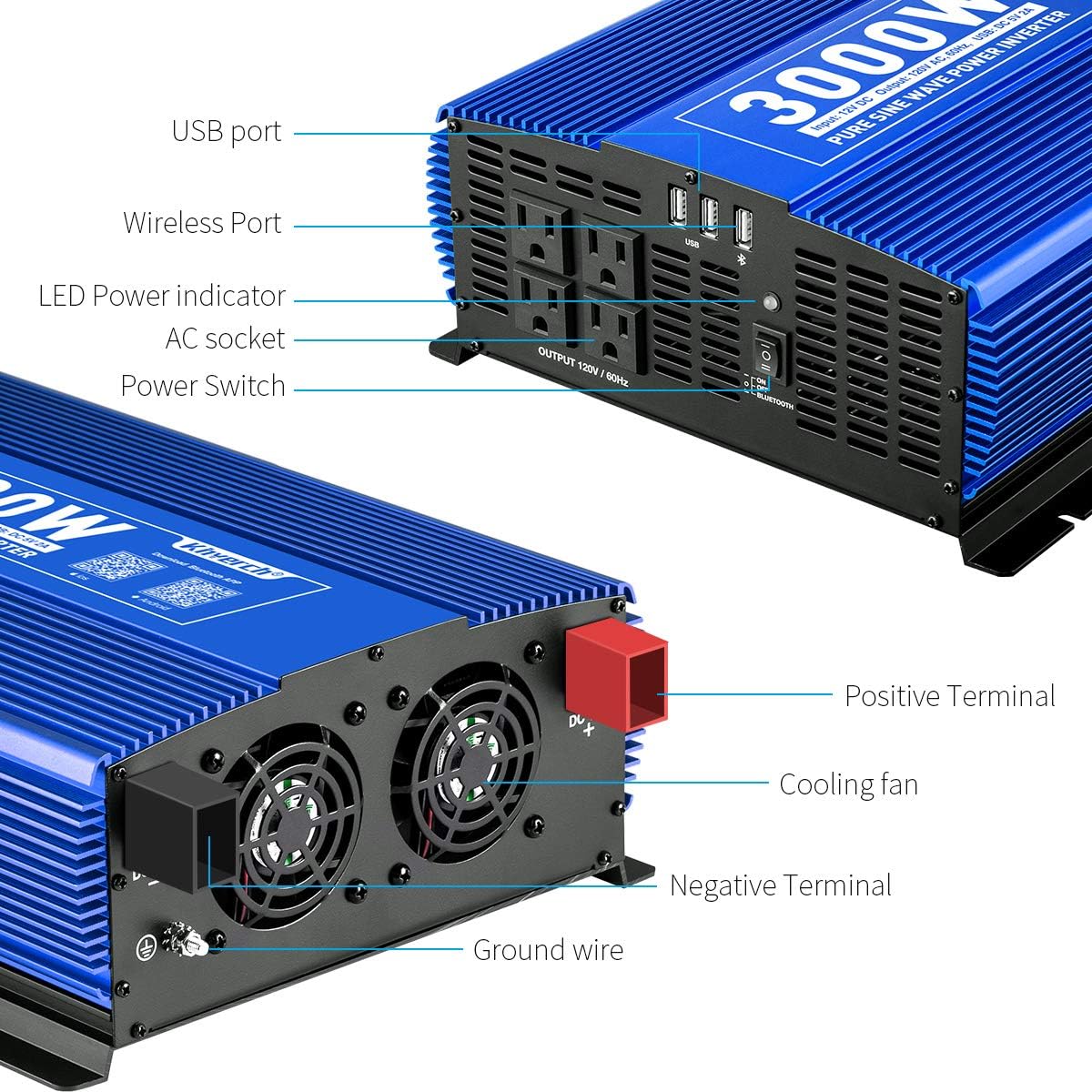 3000W Pure Sine Wave Power Inverter 12V DC to 110V AC with 4 AC Outlets 2 USB Ports P297745