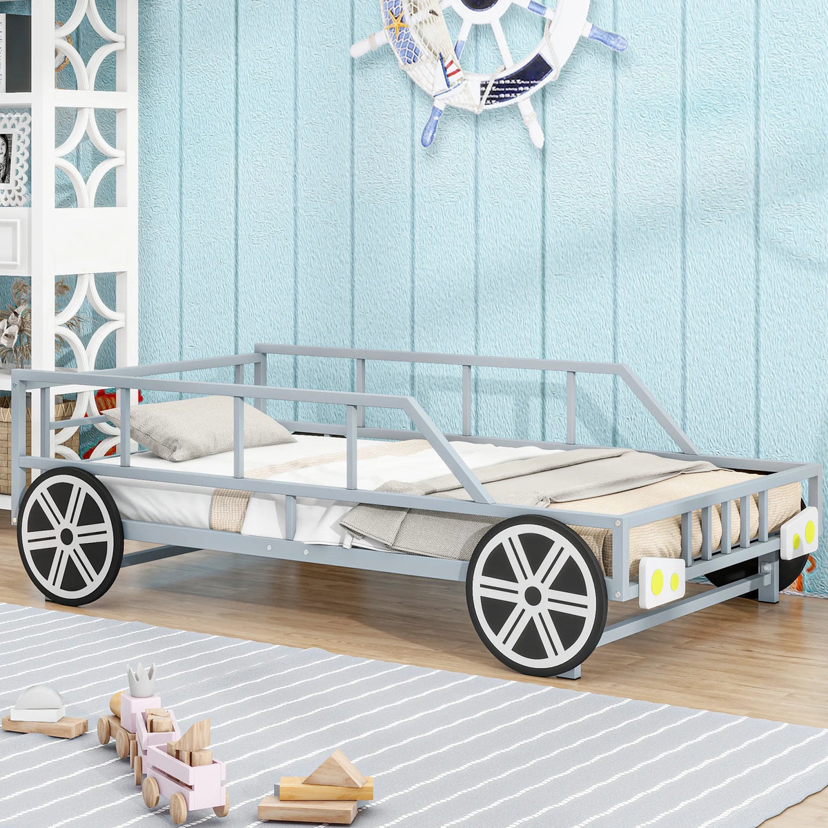 Metal Twin Size Car-Shaped Platform Bed with Tires G5334