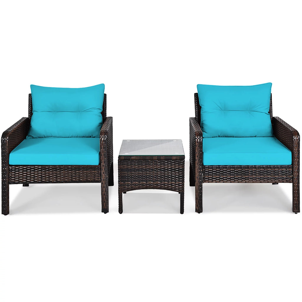 3 Pcs Outdoor Rattan Conversation Set Cushioned Sofa Chair Turquoise C125