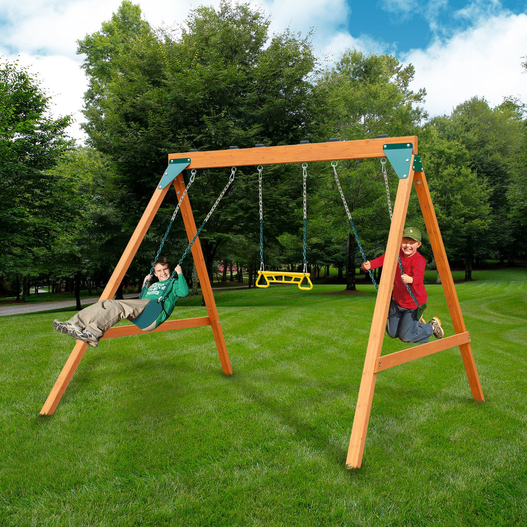 Wooden Swing Set with Two Swings and a Trapeze Y6600