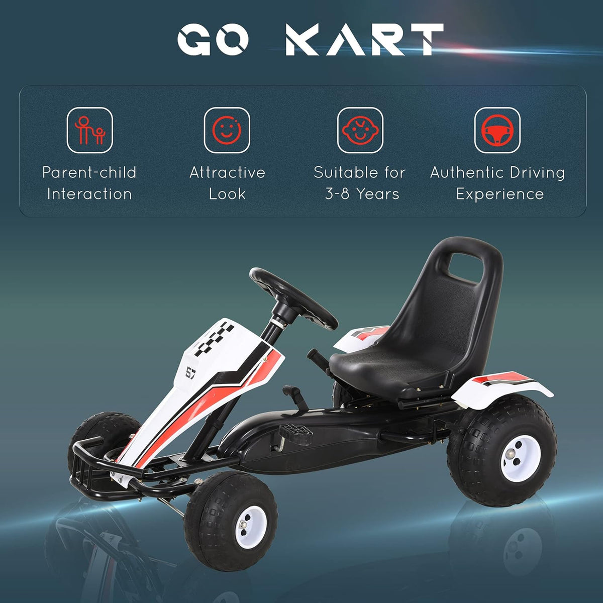 Pedal Go Kart Ride on Car with Adjustable Seat, Plastic Wheels, Handbrake and Shift Lever, Black B5193