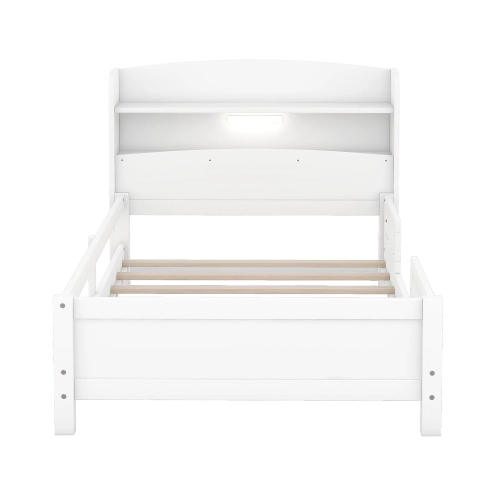 Twin Size Wood Platform Bed with Storage Headboard and Guardrail L757202