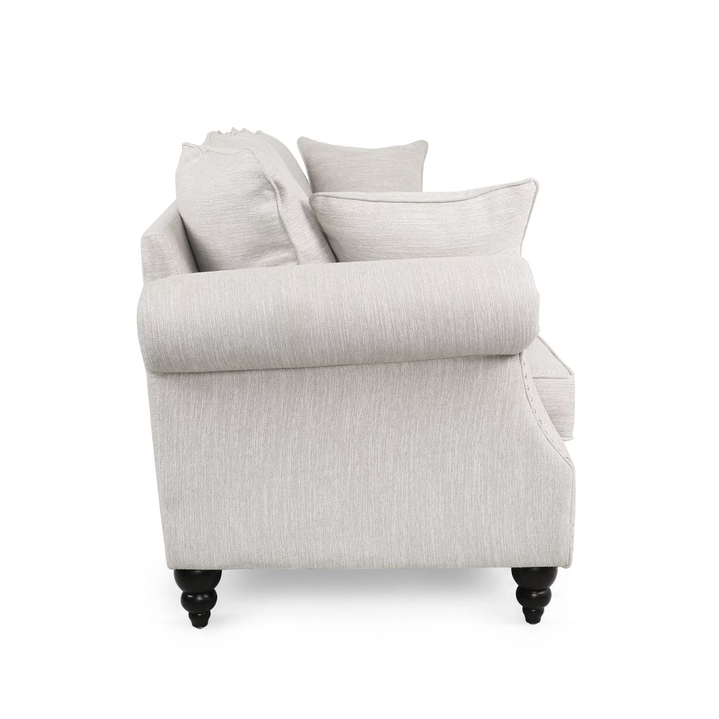 Beige and Dark Brown Fabric 3 Seater Sofa with Nailhead Trim E5387
