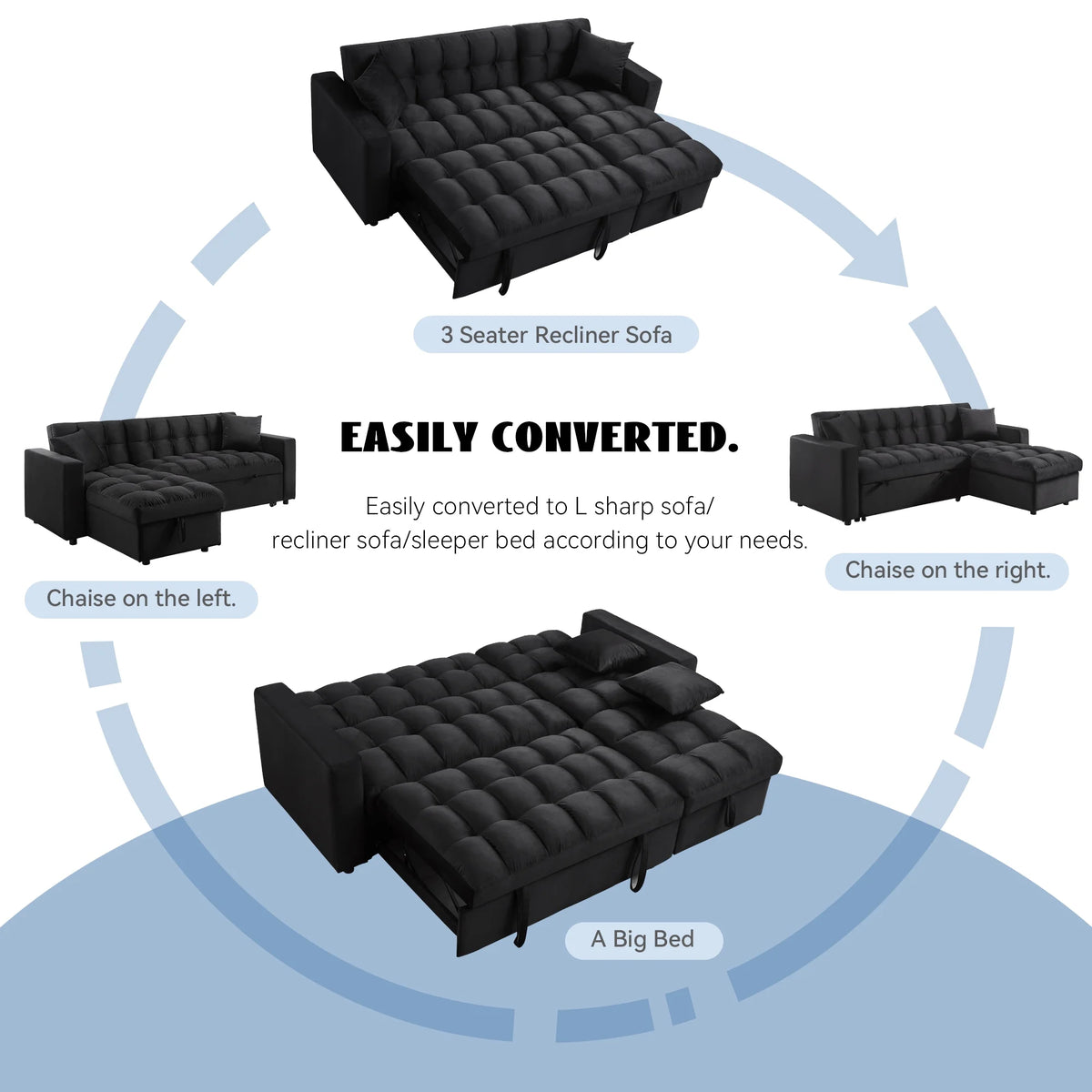 Velvet L Shaped Sleeper Sofa with Storage Chaise N420