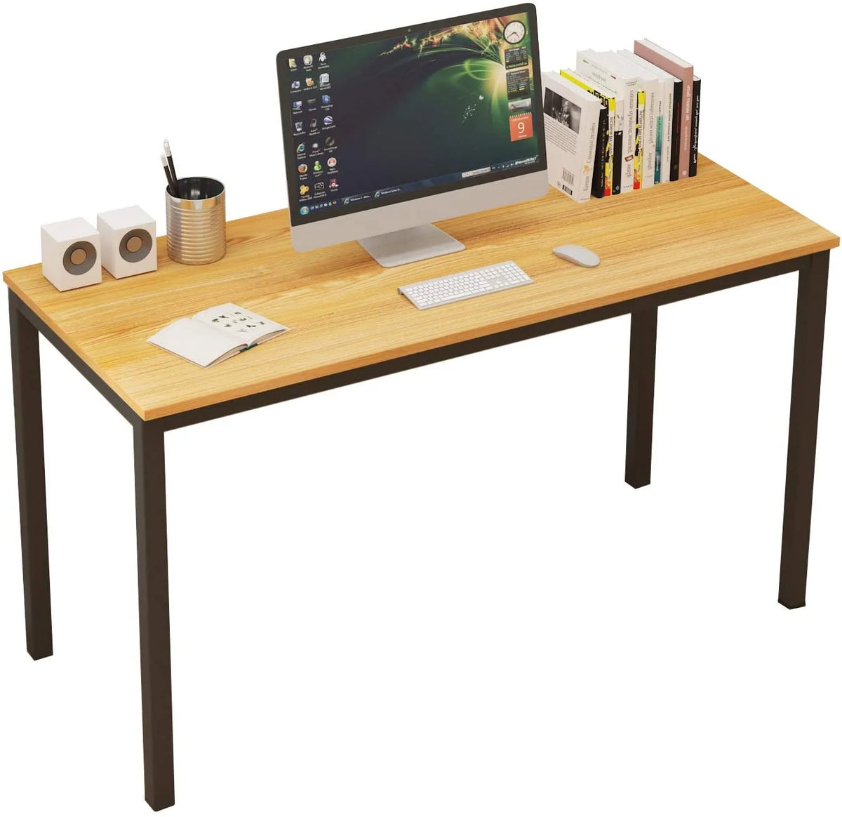 55 inch Teak Black Wood Office Desk with Metal Frame P8290