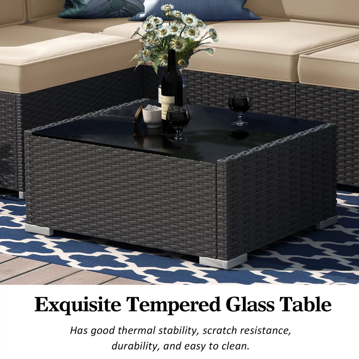 7 Piece Wicker Rattan Patio Furniture Set with Cushion and Glass Table O5350