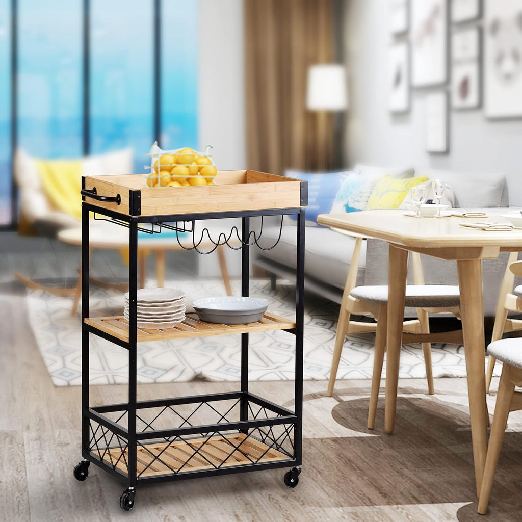 Bamboo Kitchen Cart with Mesh Shelves X581