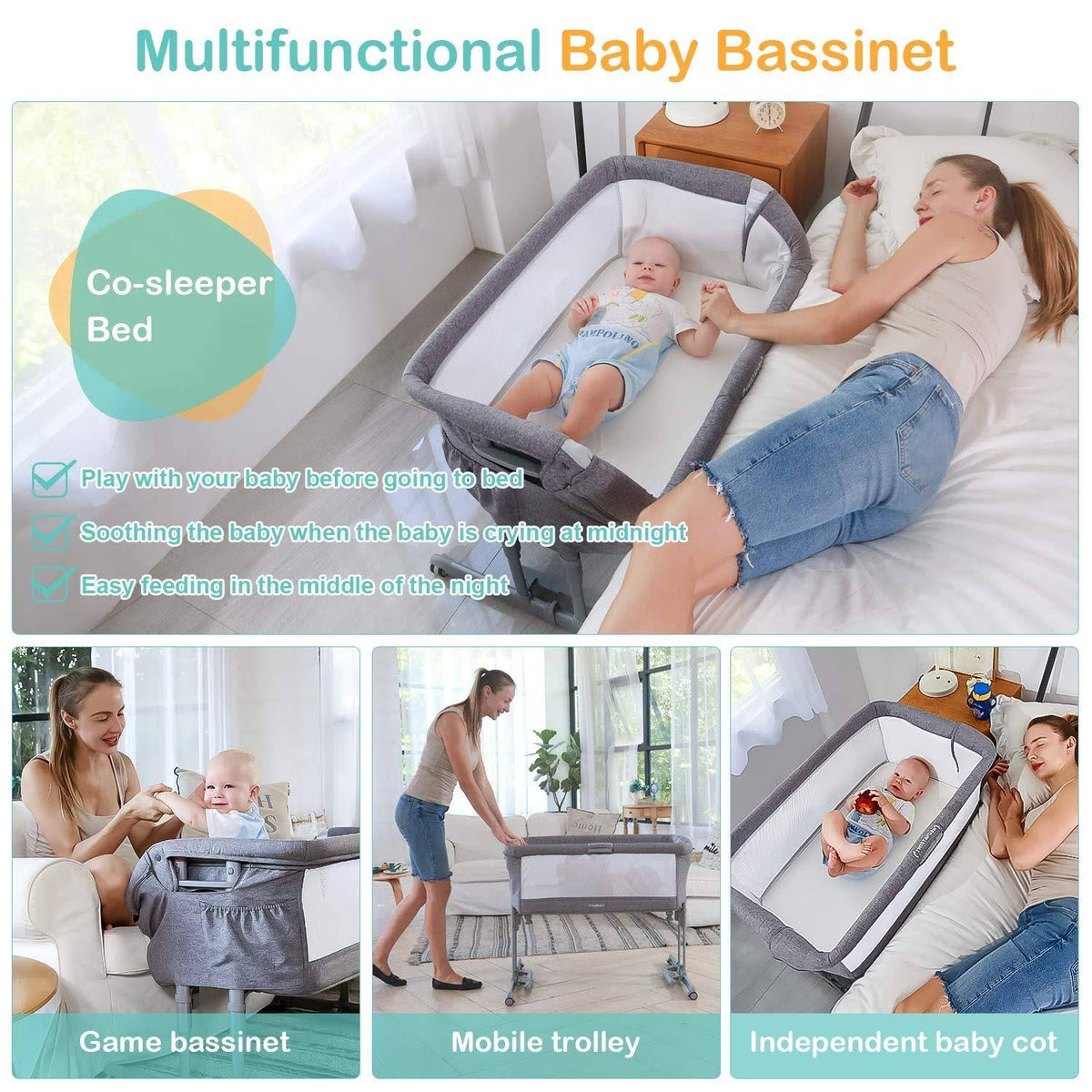 3-in-1 Baby Bassinet & Bedside Sleeper with Cradle Mode S480