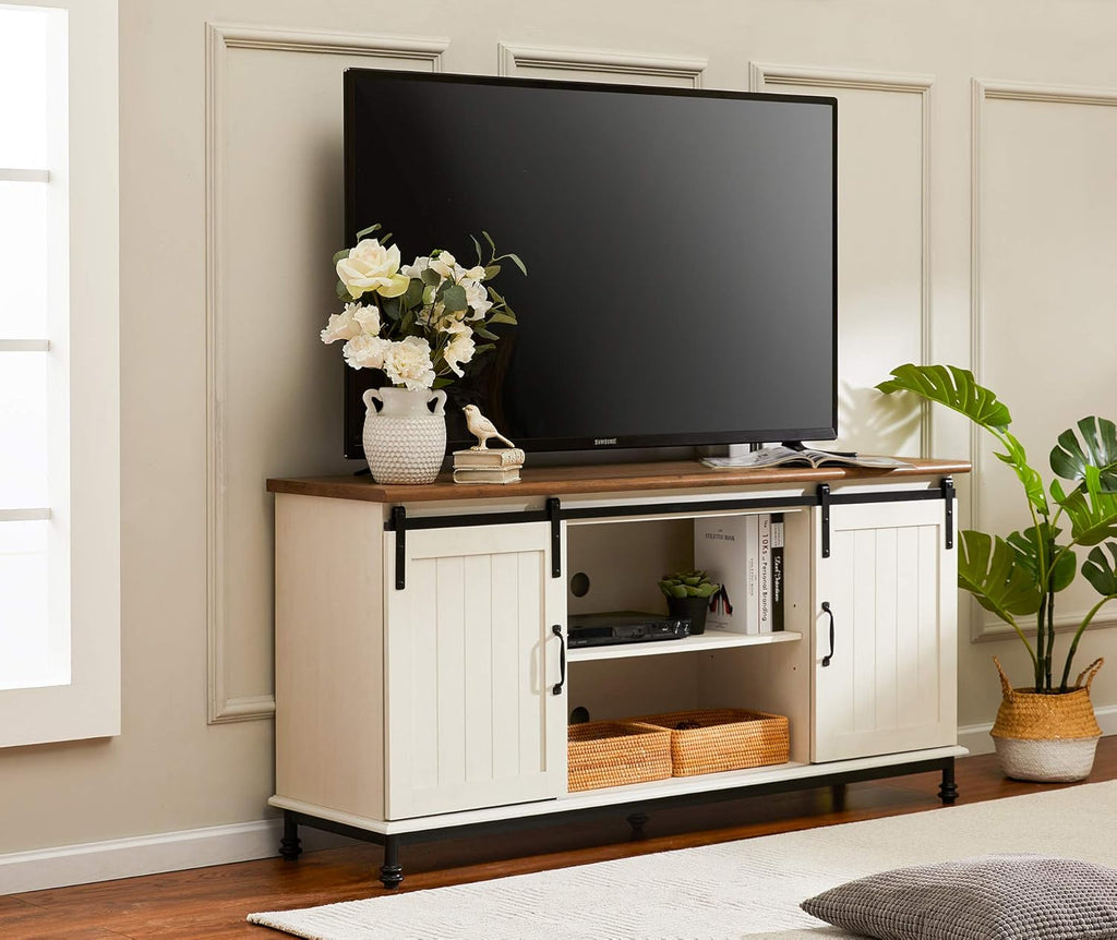 White Wood TV Stand with Sliding Barn Door O5789