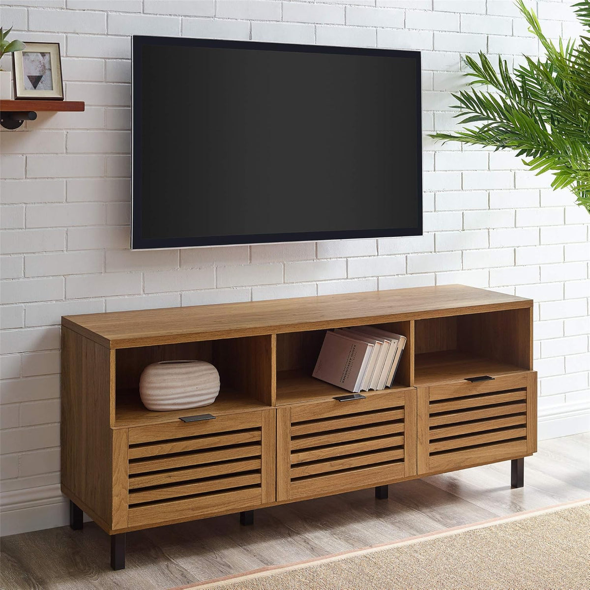 Modern Wood TV Stand with Slat Doors, 58 Inch, Dark Walnut P225807