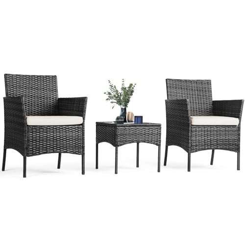 3 Pieces Wicker Rattan Patio Furniture Set with Cushion and Glass Table N54277