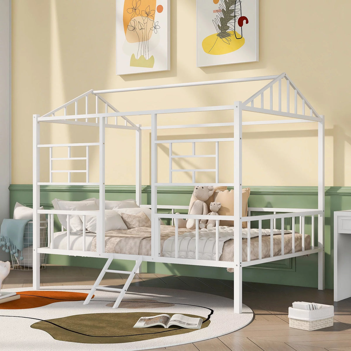Full Size Metal House Bed Frame with Slatted Support C926350
