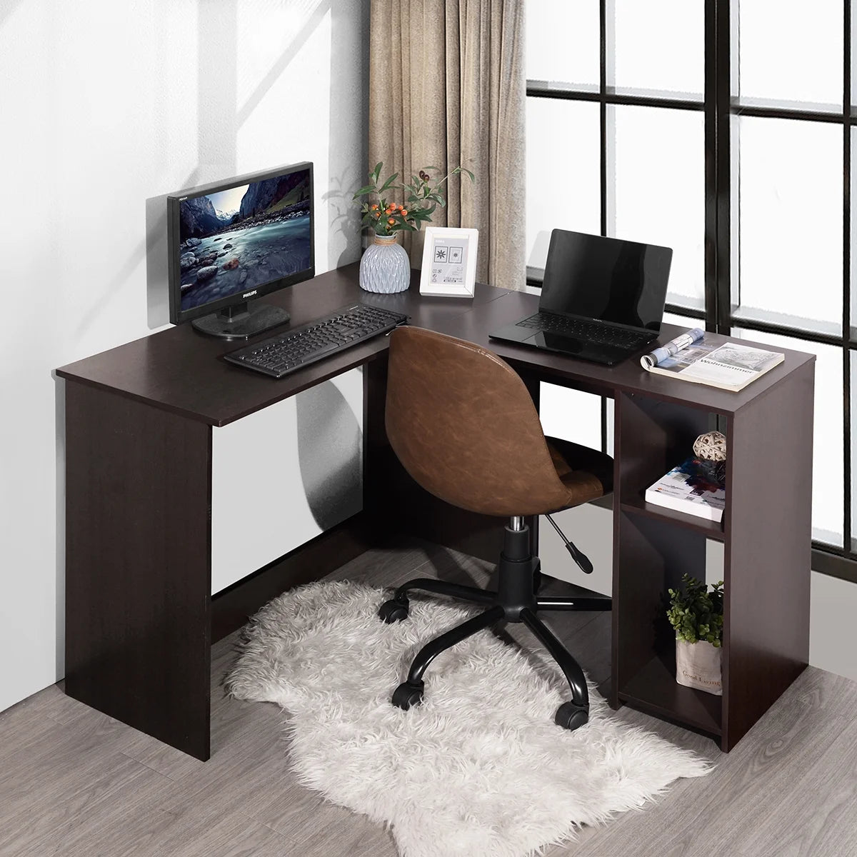 Brown L-Shaped Corner Desk with 2 Shelves T574515