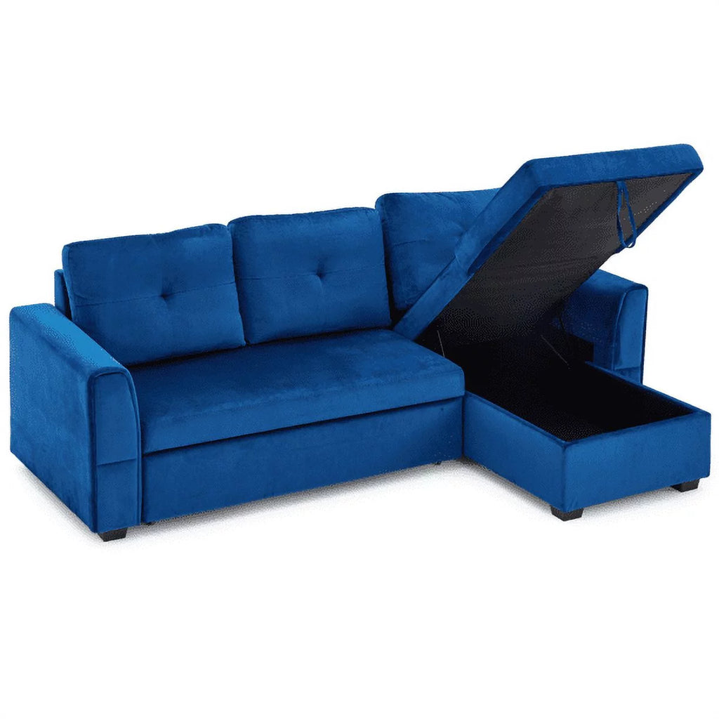 Blue Flannel L-Shaped Sleeper Sofa with Storage Ottoman K1052