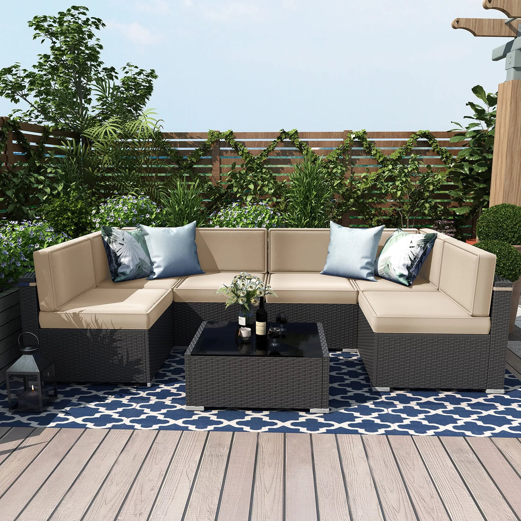 7 Piece Wicker Rattan Patio Furniture Set with Cushion and Glass Table O5350