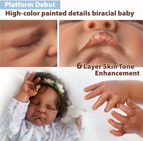 Black 20-Inch Sleeping Newborn Baby Dolls with Weighted Cloth Body and Curly Hair G296