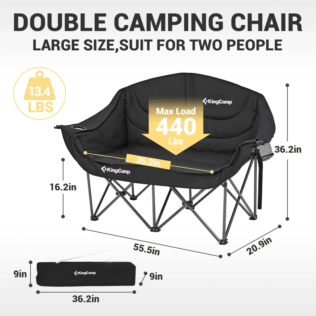 Kingcamp Loveseat Camping Chair for Adult Double Camping Chair Folding Chair for Two People Heavy Duty Support Up to 440 lbs（Black） O2502