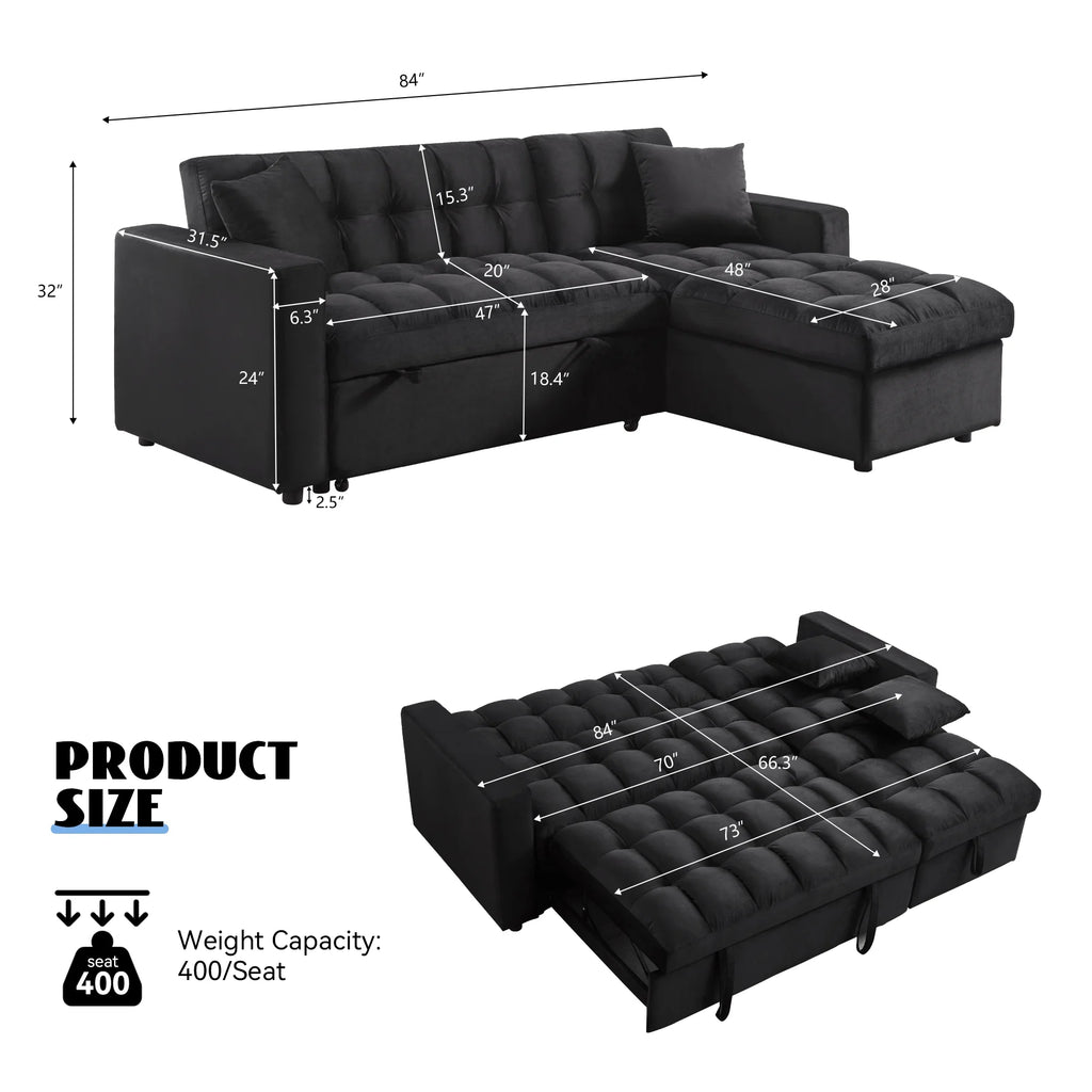 Velvet L Shaped Sleeper Sofa with Storage Chaise N420