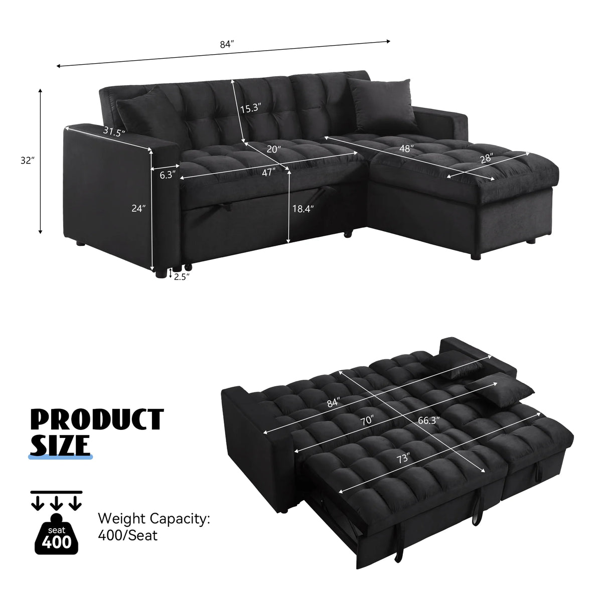 Velvet L Shaped Sleeper Sofa with Storage Chaise N420