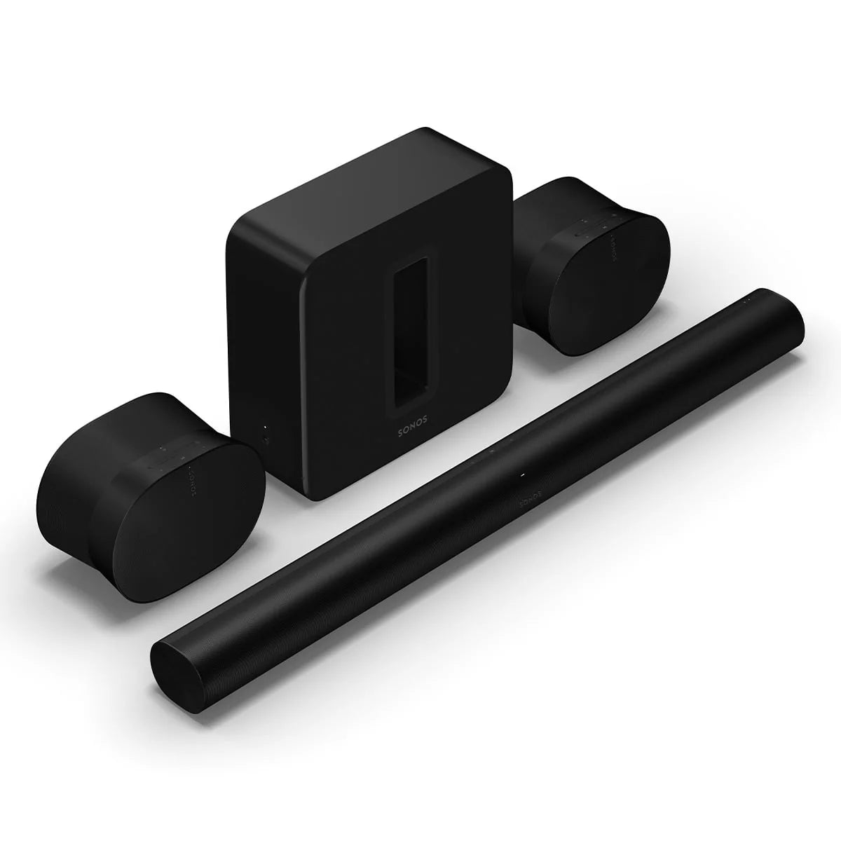 Black Wireless Soundbar, Subwoofer, and Pair of Smart Speakers B853