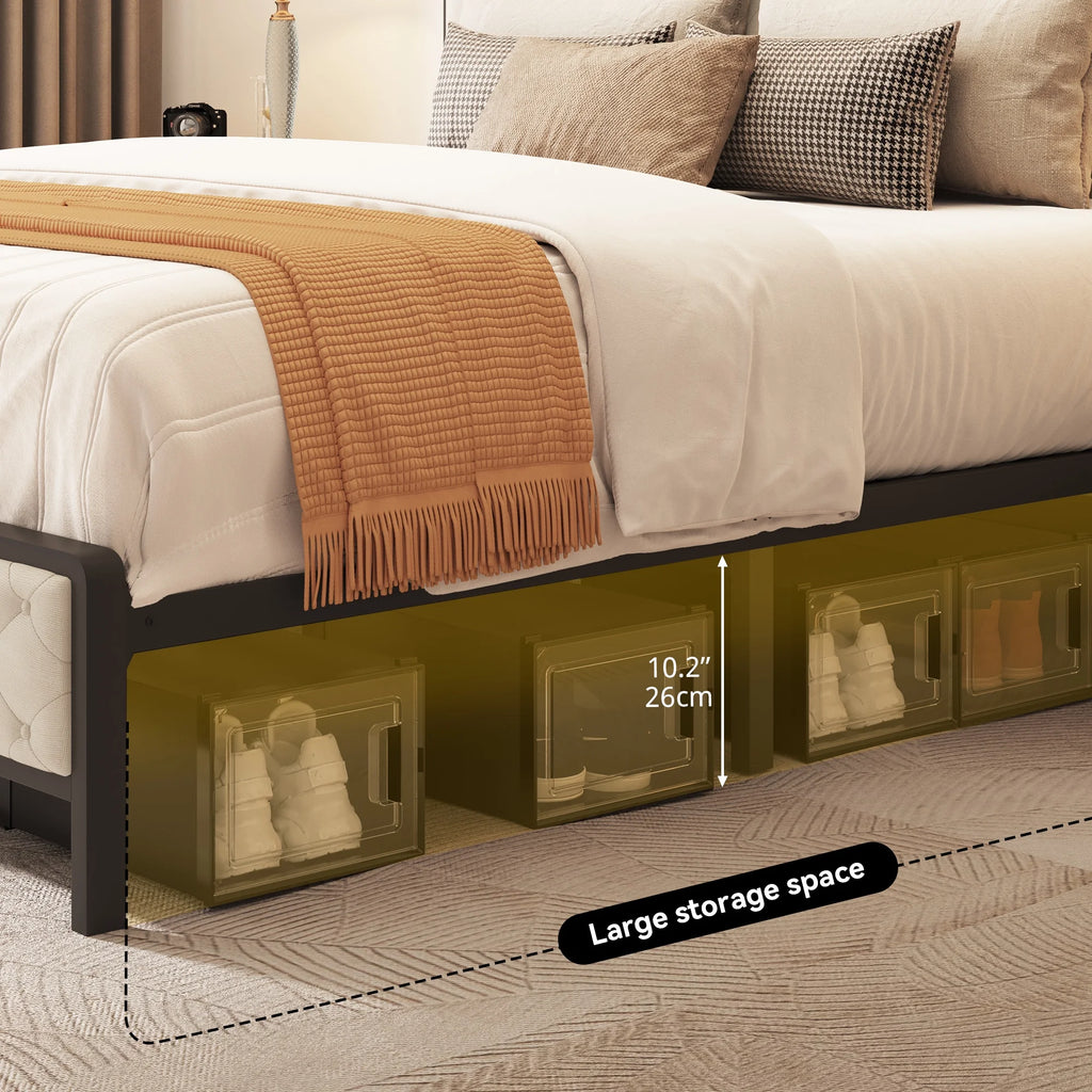 Queen Size Beige Metal Bed Frame with Storage Headboard X95839