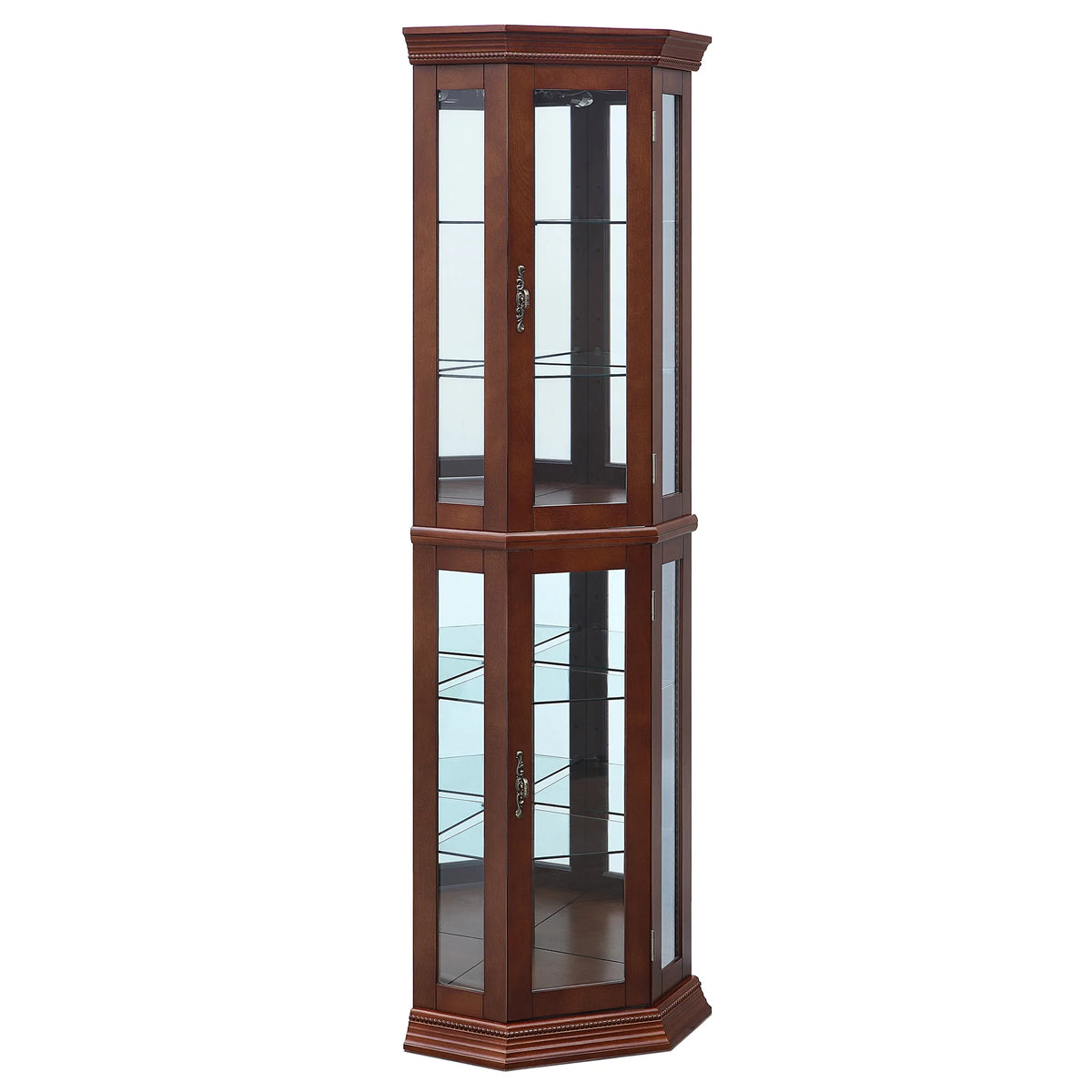 Walnut 5 Sided Lighted Corner Curio Cabinet B431912
