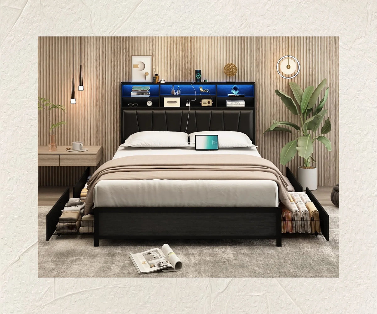 White Queen Size LED Platform Storage Bed Frame E953832