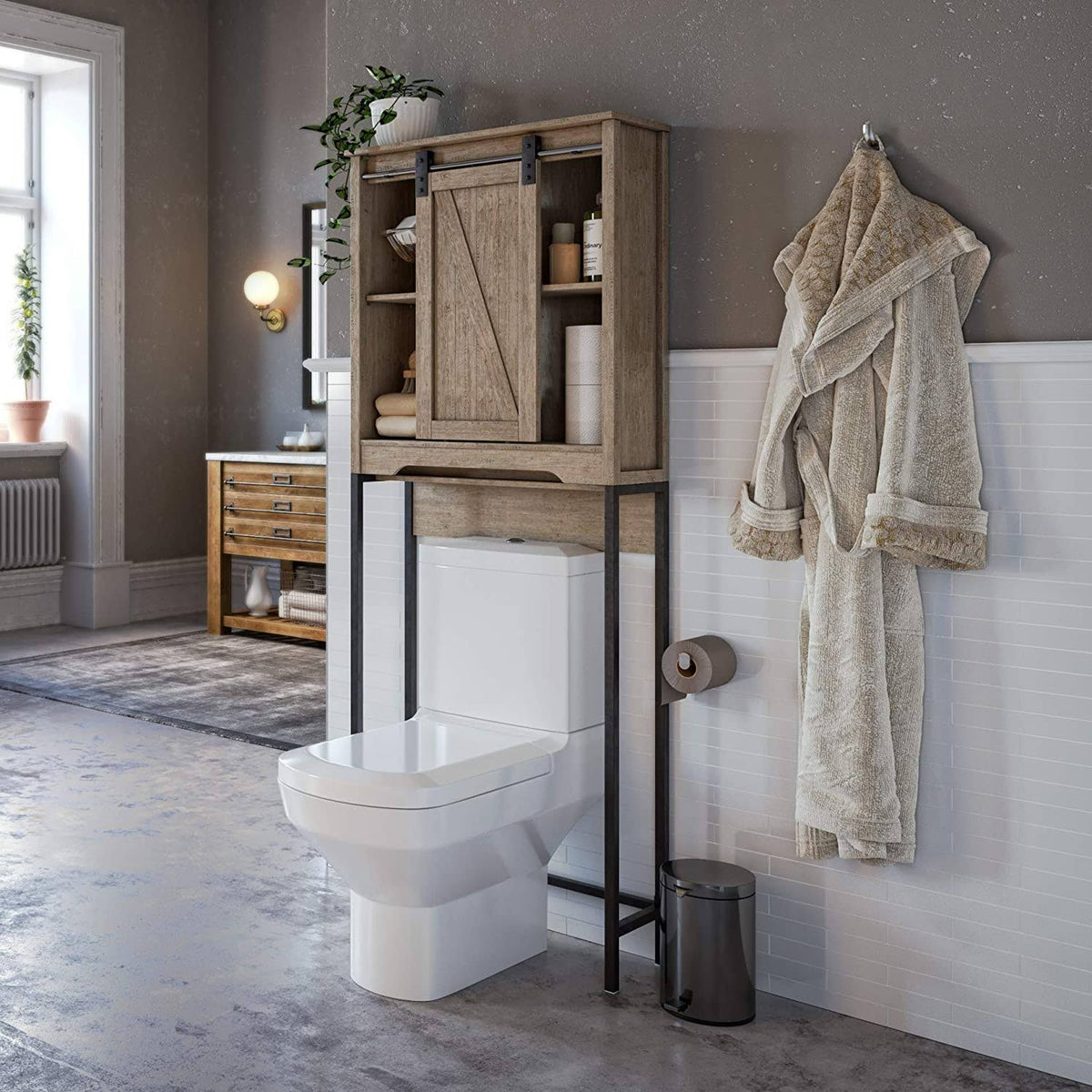 Over The Toilet Bathroom Cabinet and Shelf with Sliding Barn Door T536