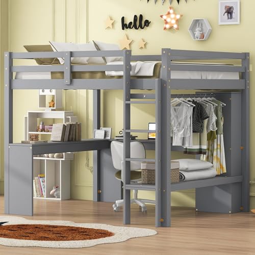 White Full Size Loft Bed with L-Shaped Desk, Wardrobe and Storage Shelves R737547