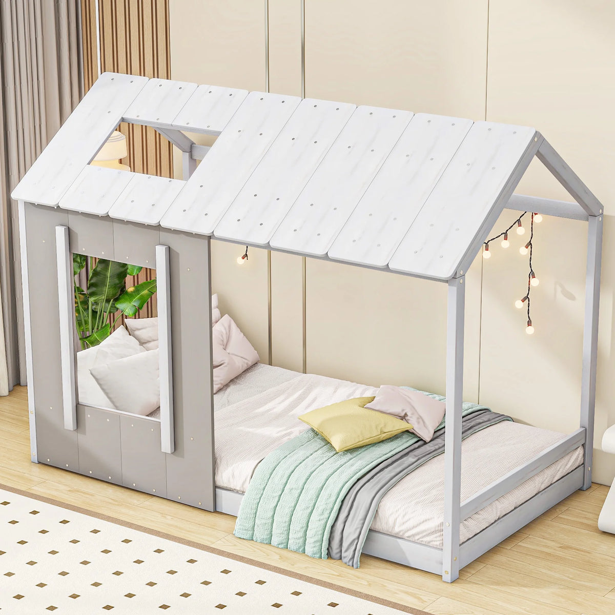 Wood Twin House Platform Bed with Roof and Window, Gray X235541