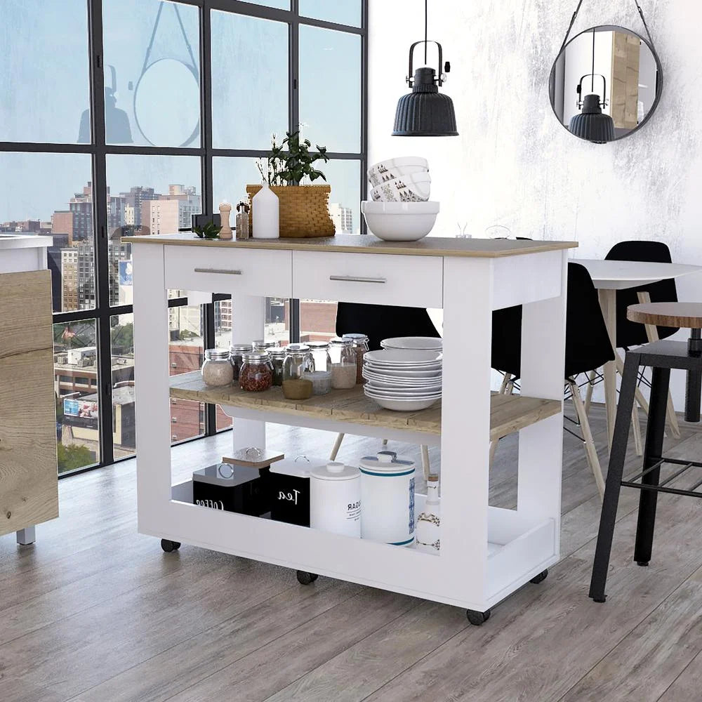 White Engineered Wood Kitchen Island with Two Drawers Y433