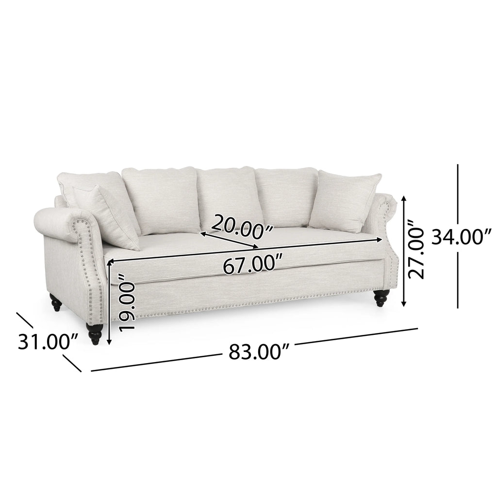 Beige and Dark Brown Fabric 3 Seater Sofa with Nailhead Trim E5387