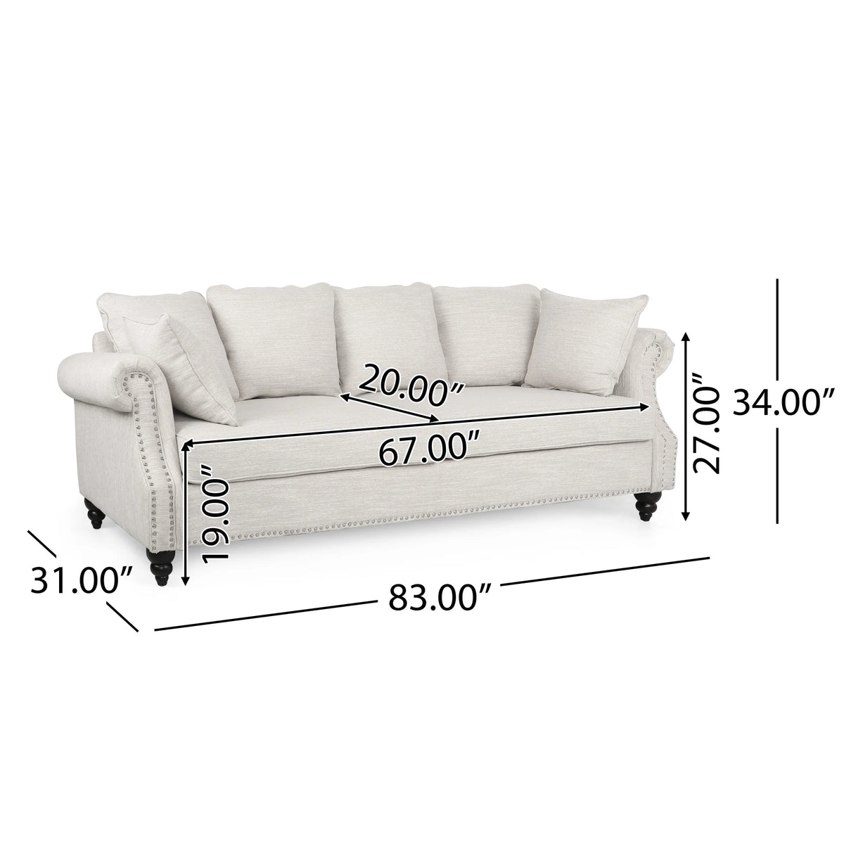 Beige and Dark Brown Fabric 3 Seater Sofa with Nailhead Trim E5387