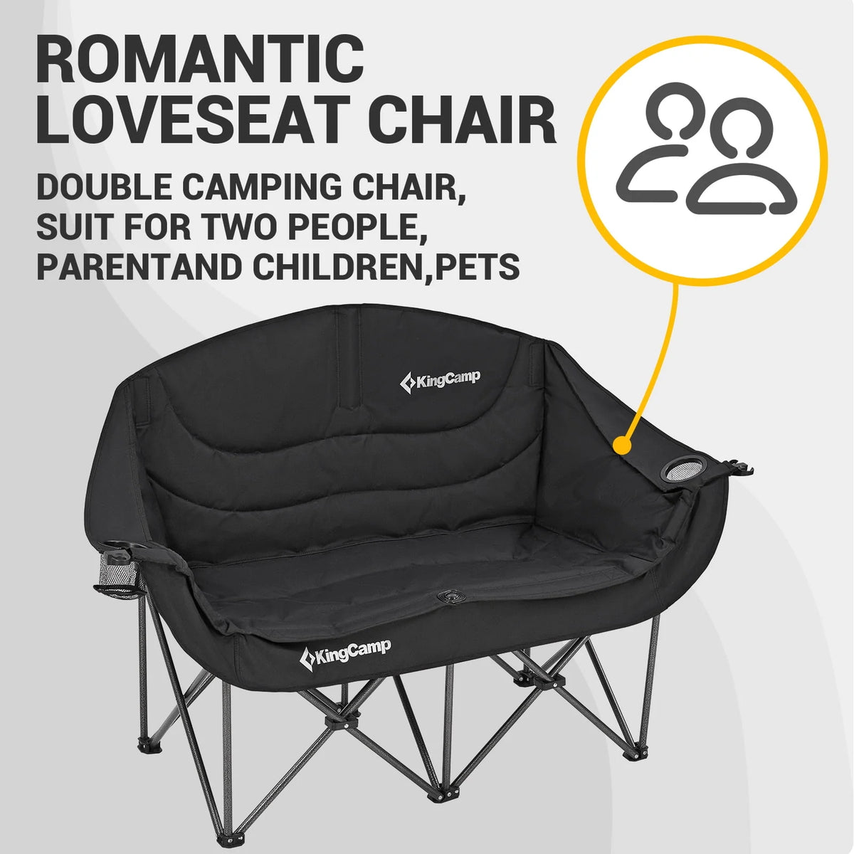 Kingcamp Loveseat Camping Chair for Adult Double Camping Chair Folding Chair for Two People Heavy Duty Support Up to 440 lbs（Black） O2502
