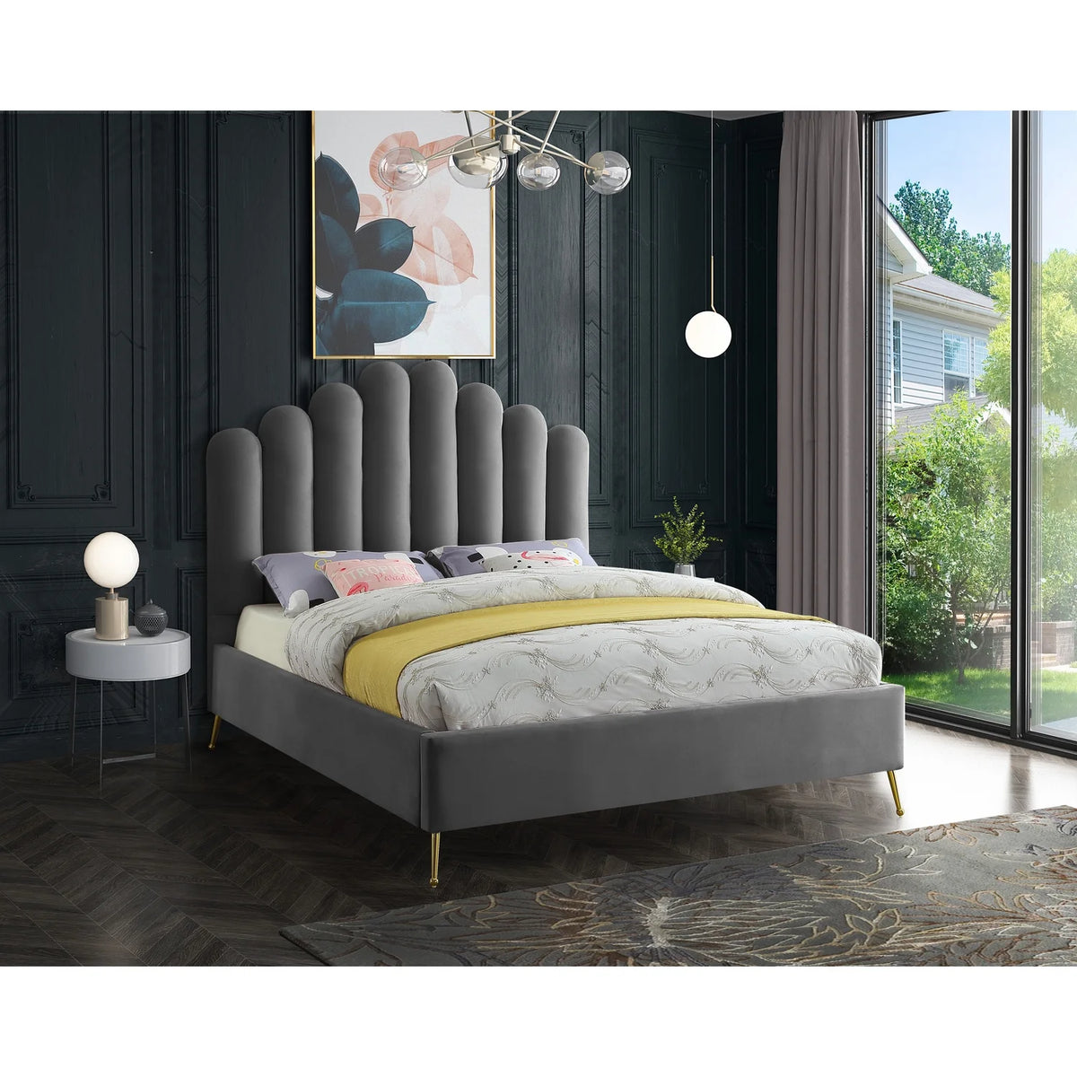 Velvet Upholstered Platform Bed with Gold Steel Legs X99748