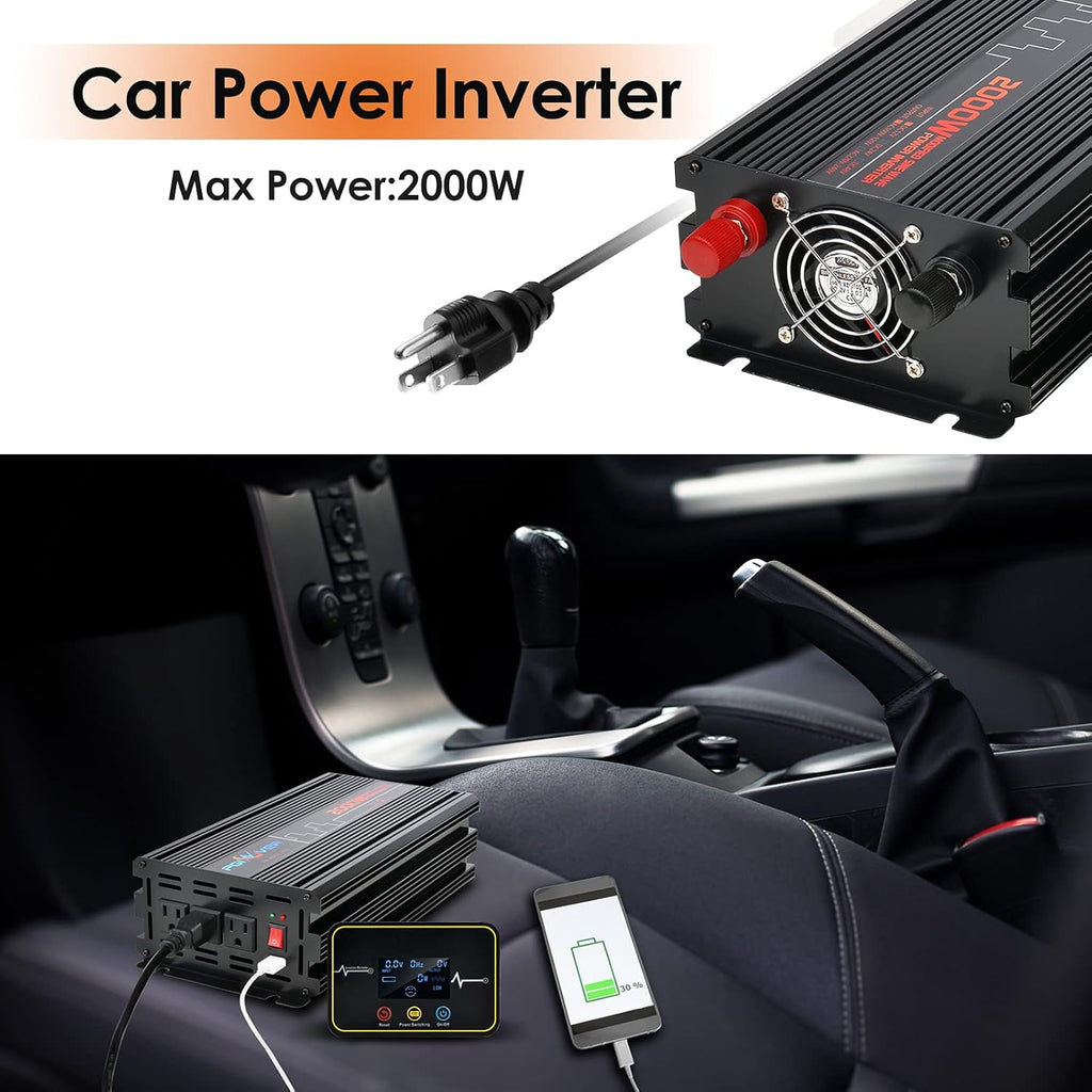 2000W Power Inverter DC 12V to AC 110V with Triple AC Outlets 1 USB Port L6462