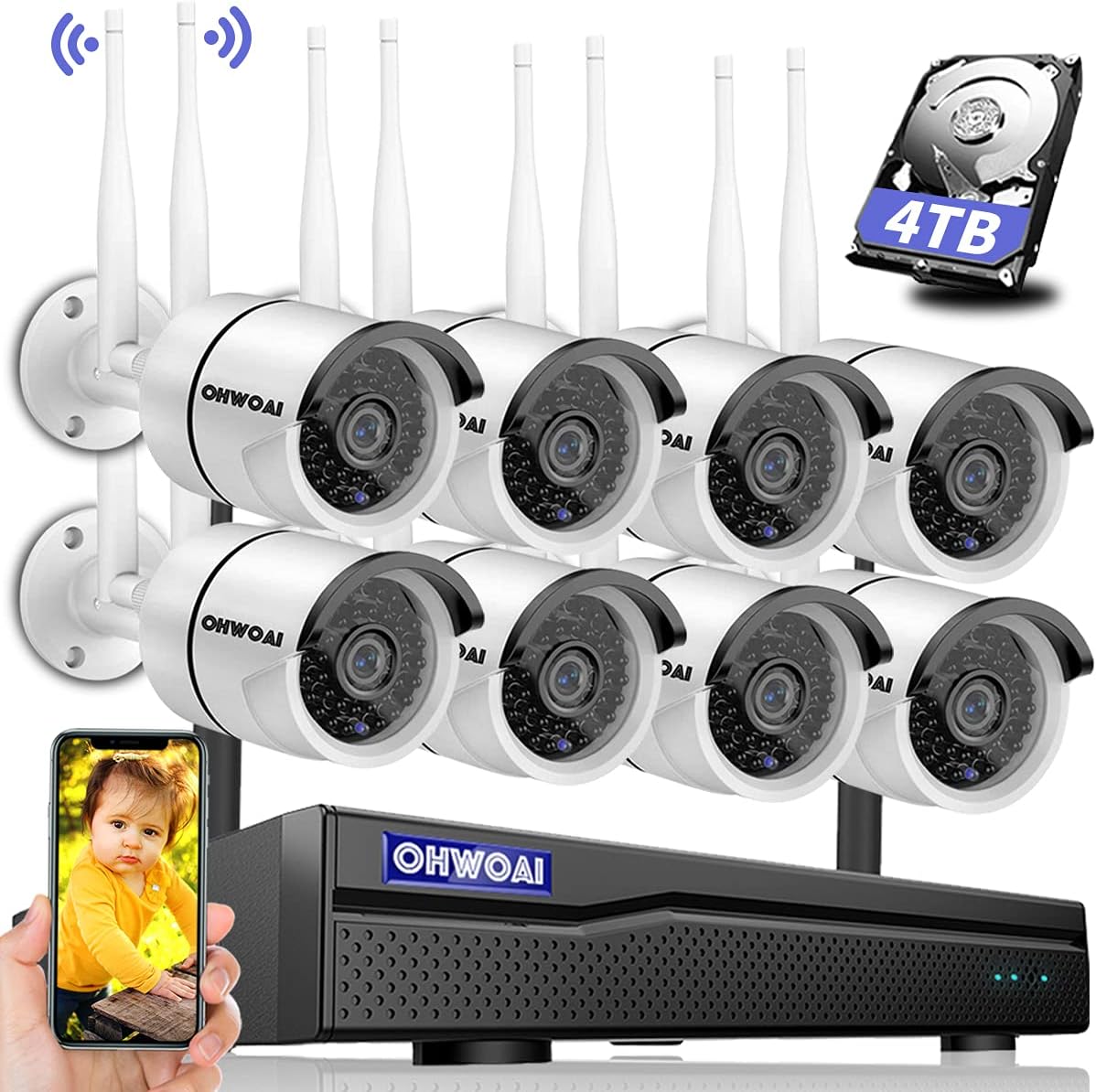 Wireless 8 Channel 1080P NVR Security Camera System with 4TB Hard Drive and 8PCS 1080P IP Cameras P754006