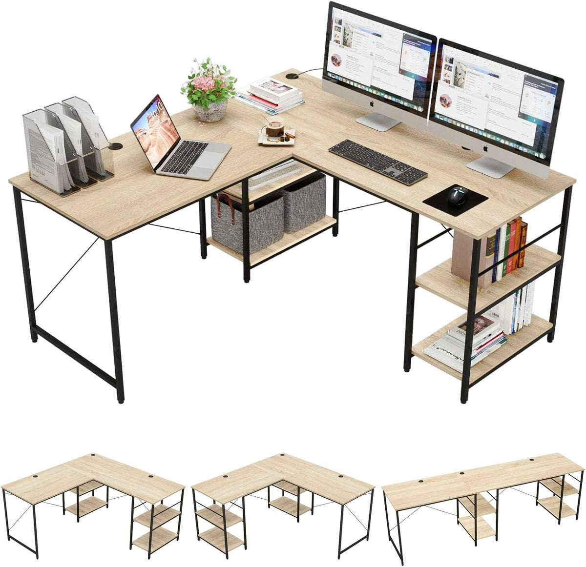 L Shaped Gaming Desk with Shelves 95.2 Inch Reversible Corner Computer Desk C276