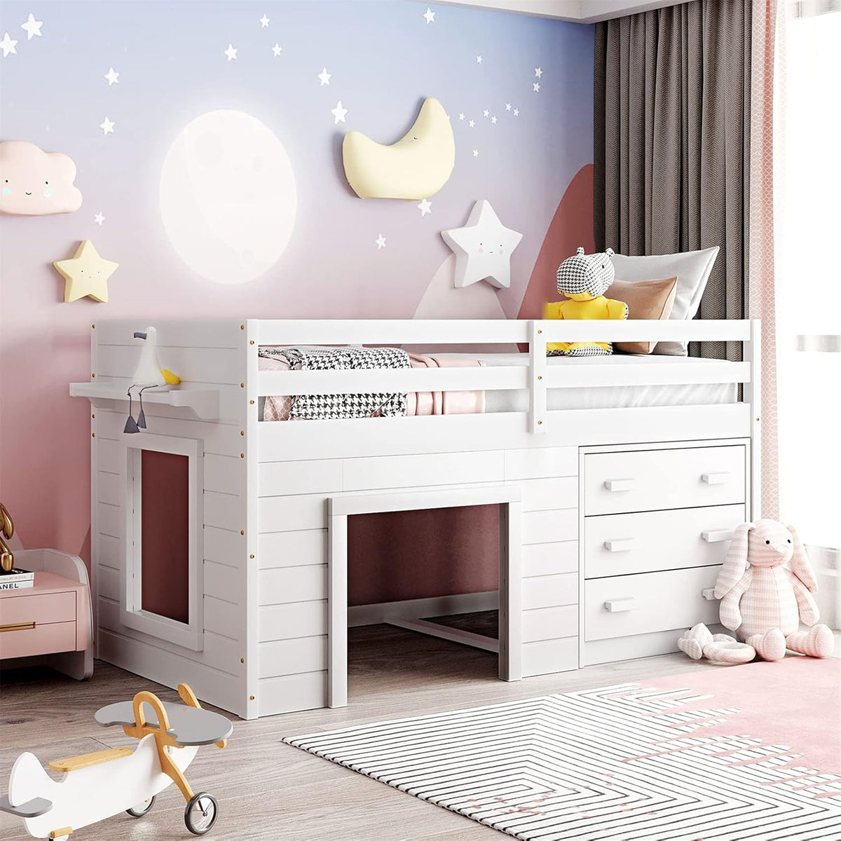 White Twin Loft Bed with Slide and Storage K6227