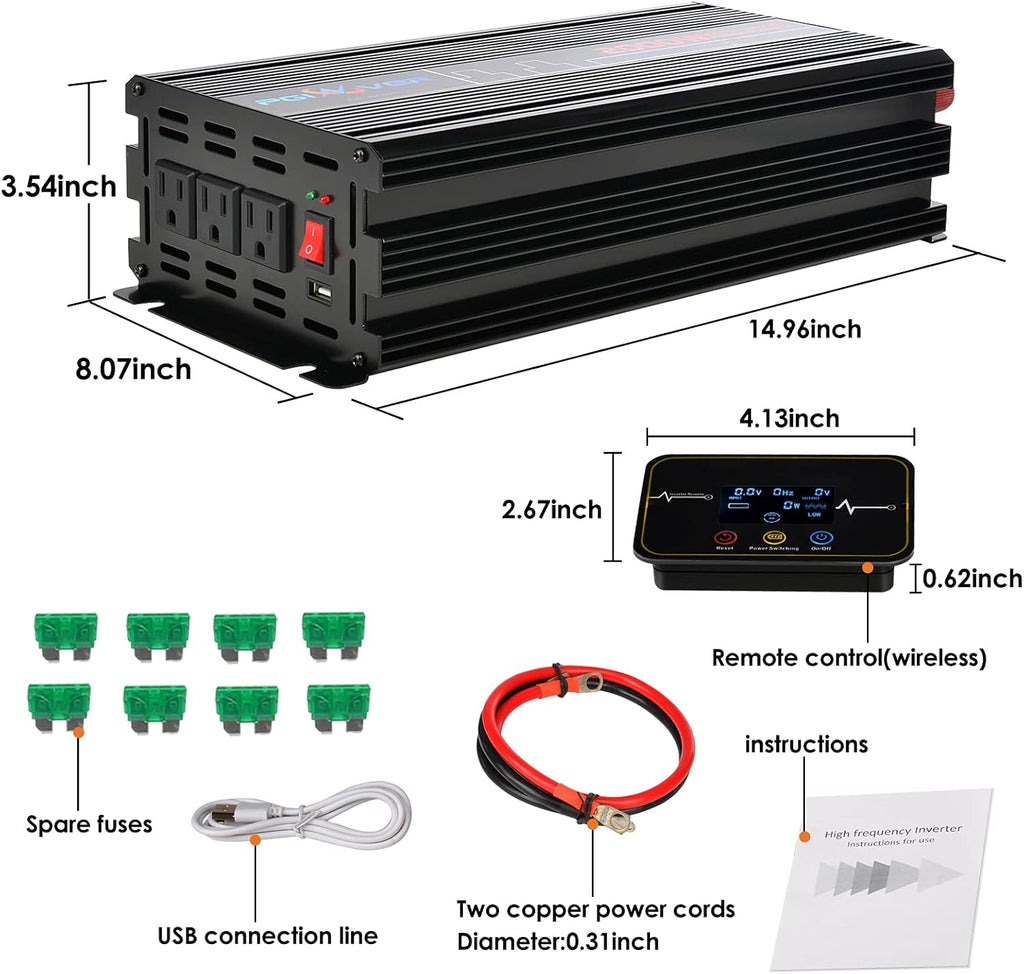 2000W Power Inverter DC 12V to AC 110V with Triple AC Outlets 1 USB Port L6462