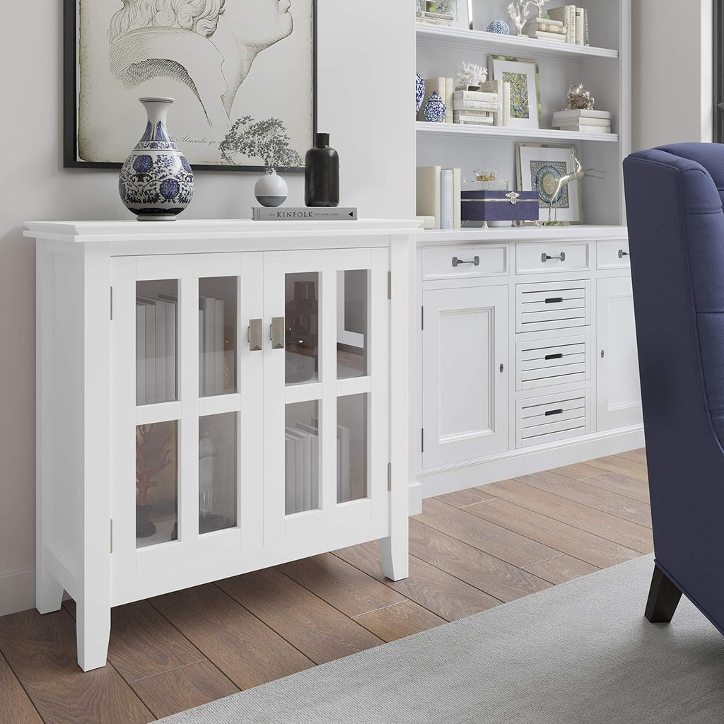 White 30 inch Low Storage Cabinet with 2 Glass Doors Y391