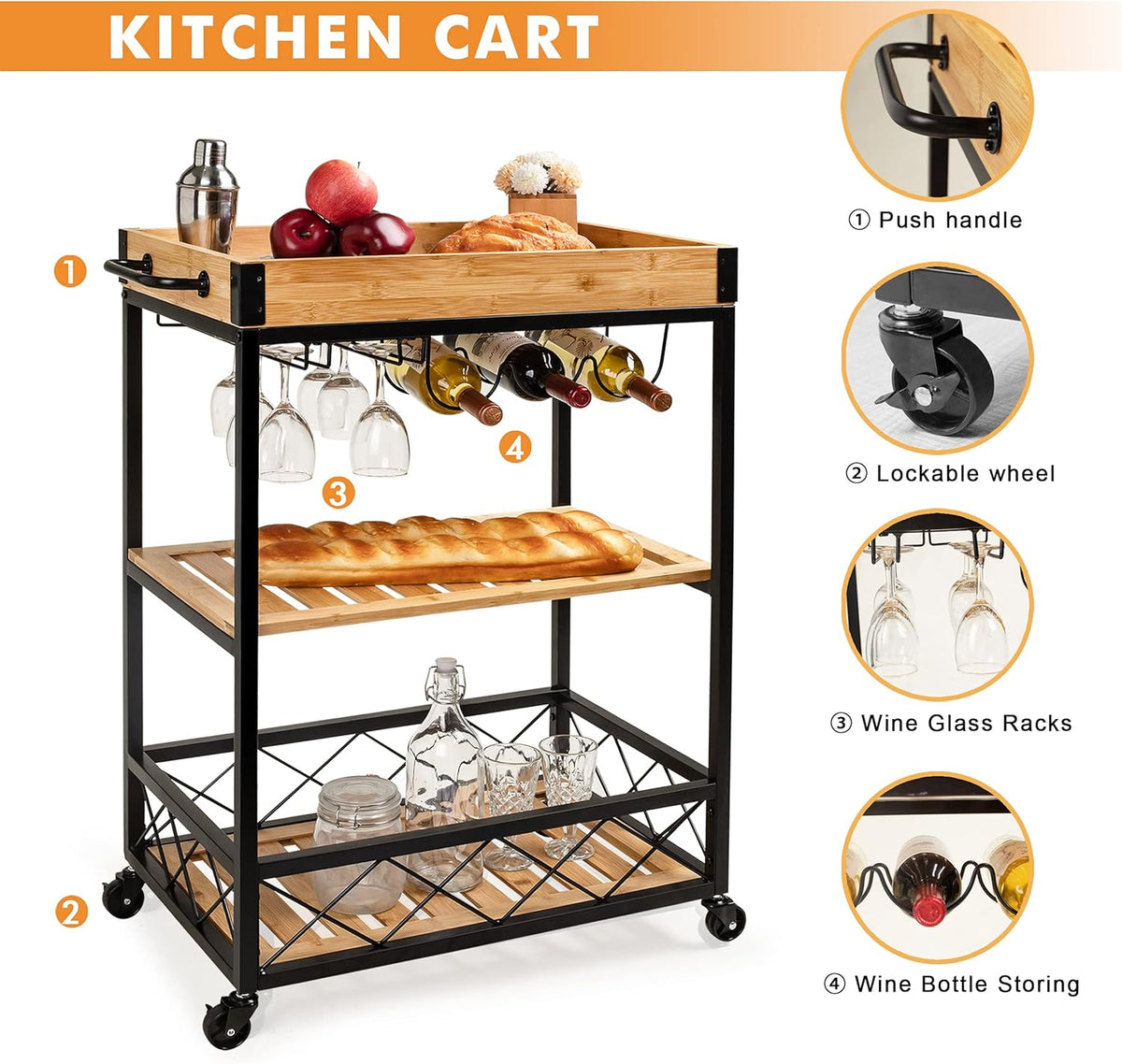 Bamboo Kitchen Cart with Mesh Shelves X581