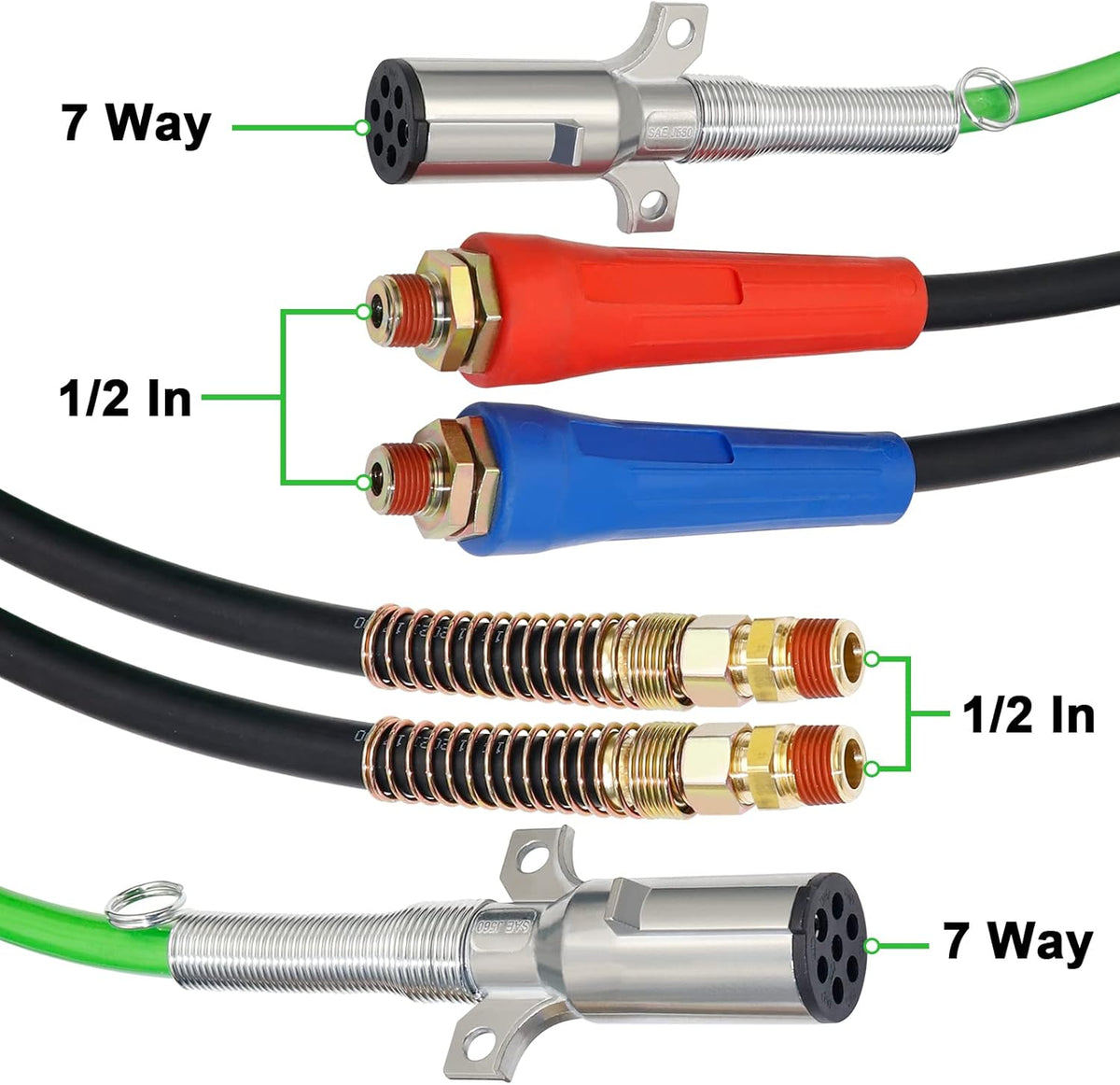 15 Ft 3 in 1 7 Way ABS Electrical Cable & Rubber Air Line Hose Assembly with Aluminum GladHands E126643