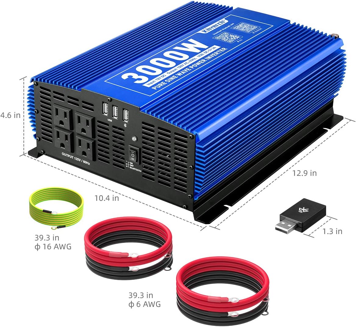 3000W Pure Sine Wave Power Inverter 12V DC to 110V AC with 4 AC Outlets 2 USB Ports P297745