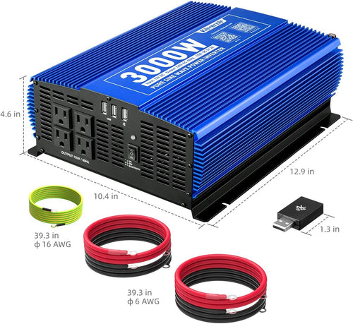 3000W Pure Sine Wave Power Inverter 12V DC to 110V AC with 4 AC Outlets 2 USB Ports P297745