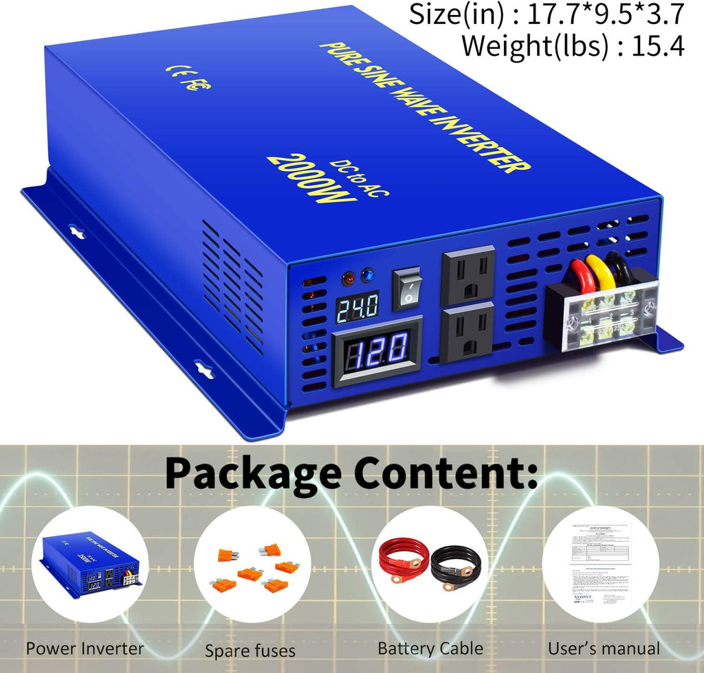 Pure Sine Wave Inverter 24V to 110v 120v 2500 Watt with Dual AC Receptacles I363