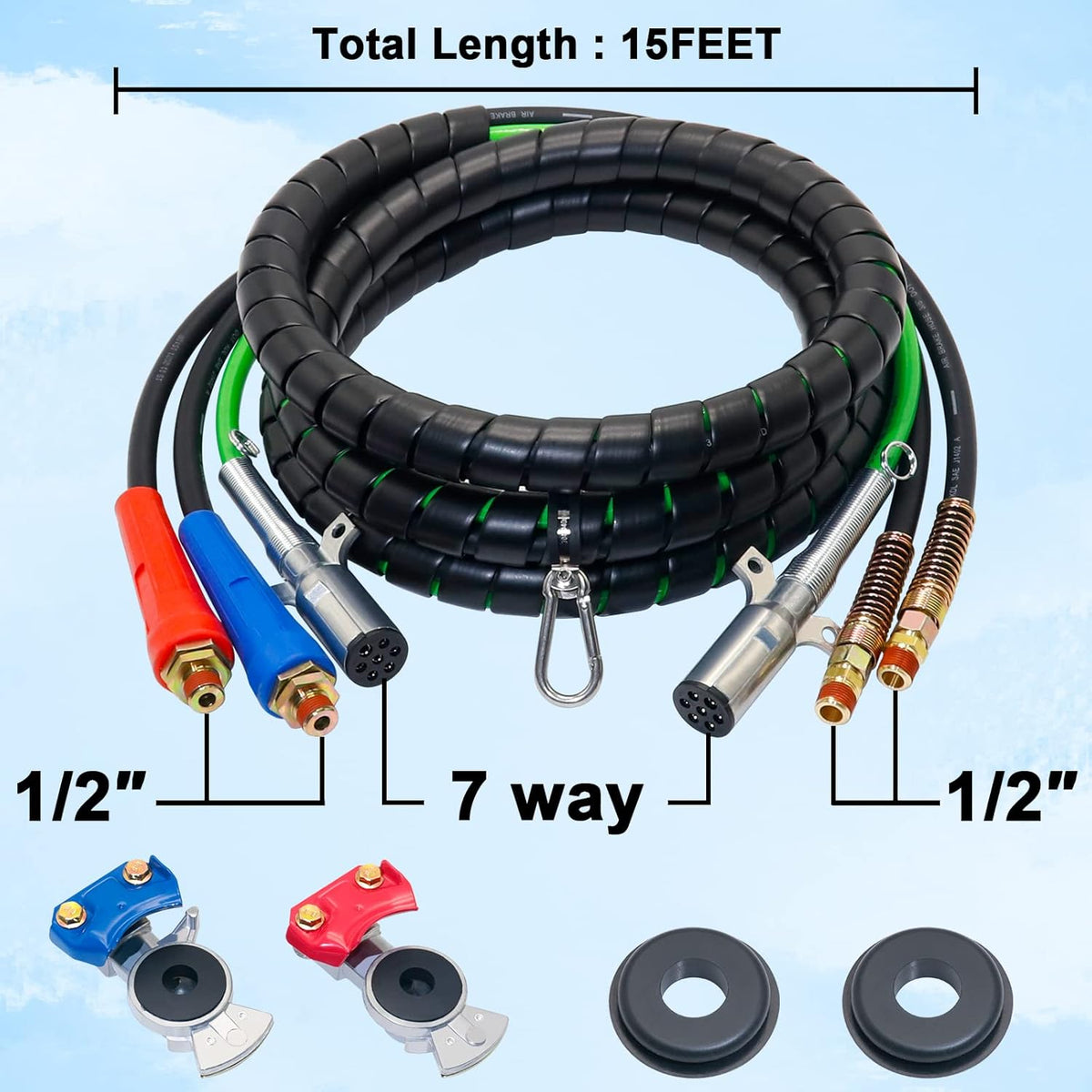 15 Ft 3 in 1 7 Way ABS Electrical Cable & Rubber Air Line Hose Assembly with Aluminum GladHands E126643